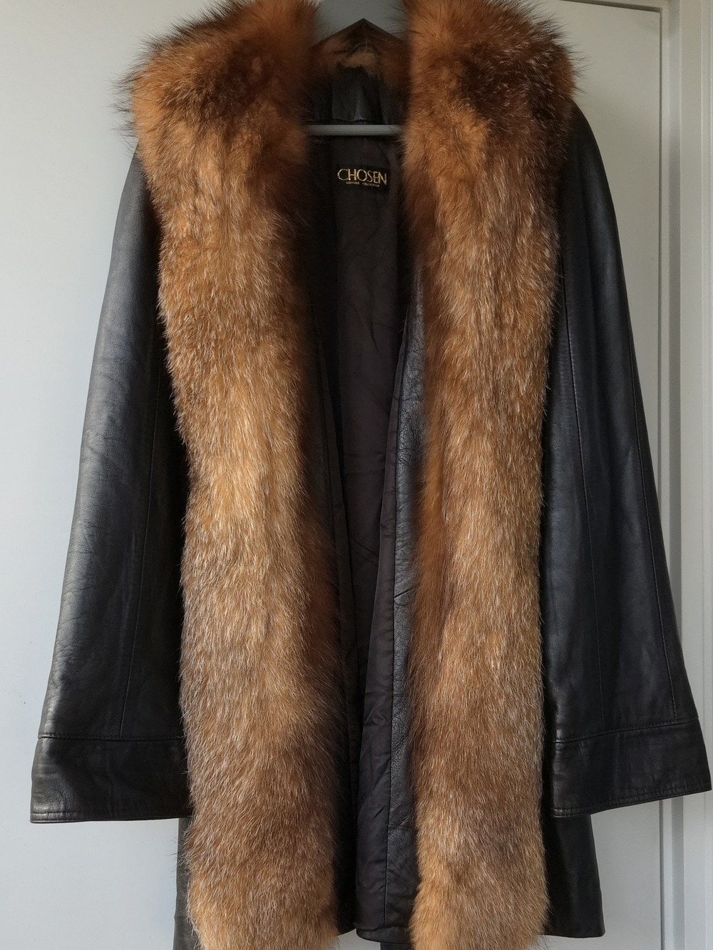 Chosen by Tuchuzy Black Lamb Leather Long Coat with Fox Fur Stole Ex Cond XS S M